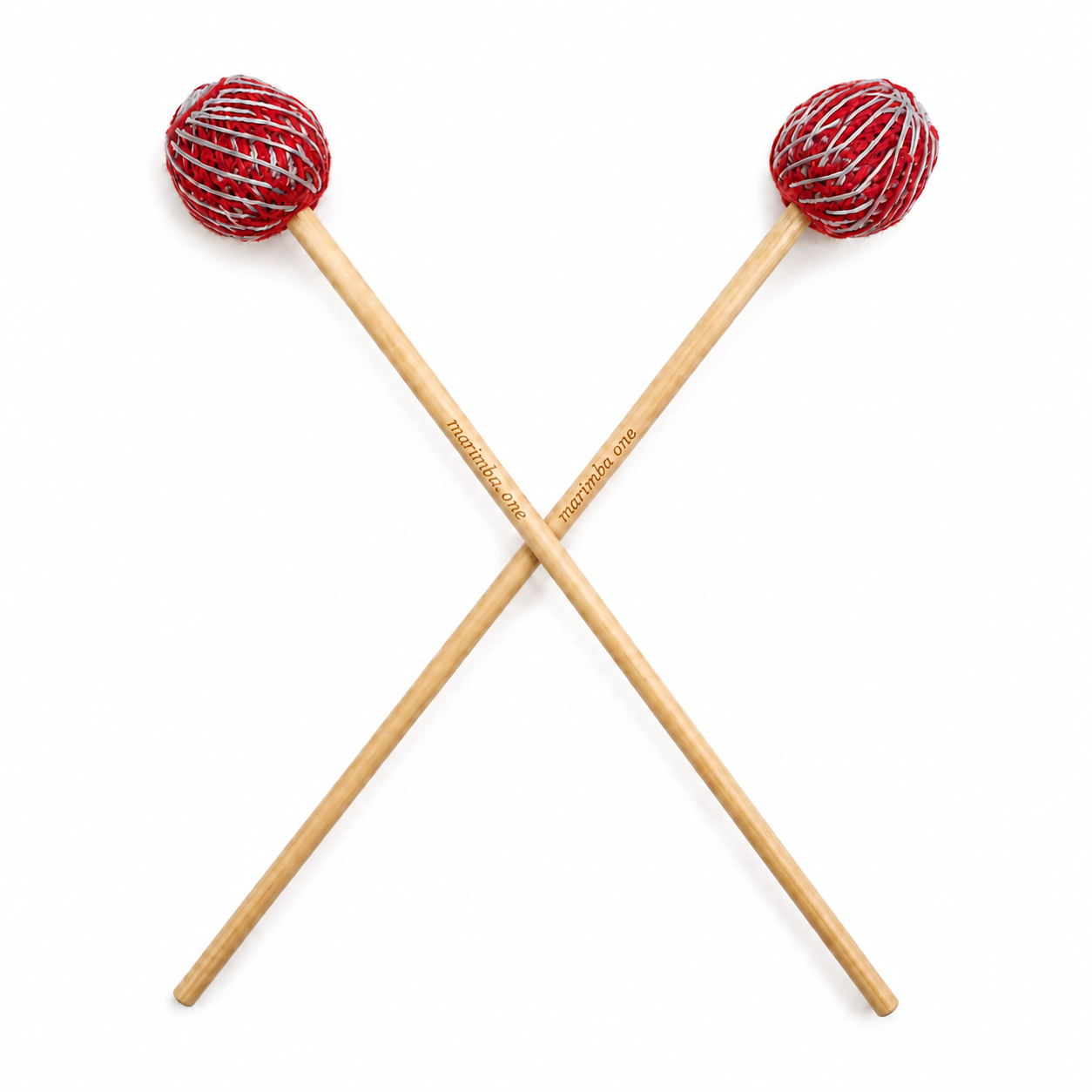 Two red and white marimba mallets crossed on a white background.