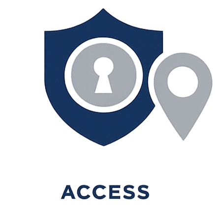 A digital illustration of a shield with a keyhole symbol, a location pin, and the word 'ACCESS' beneath them, representing security and access control.