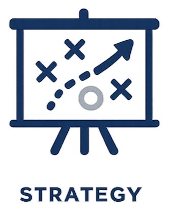 Whiteboard with strategy planning game plan including X's, O's, and an arrow indicating movement, with the word 'STRATEGY' underneath.