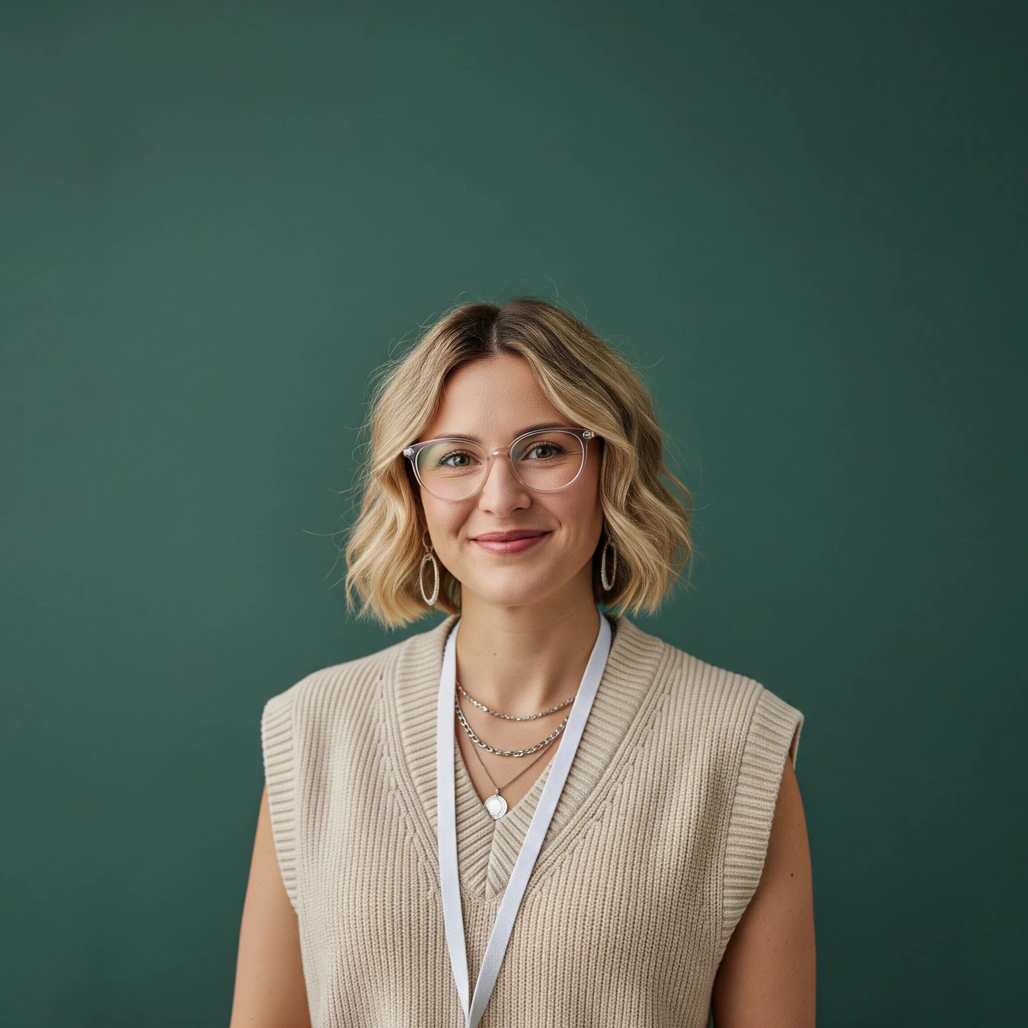Porträtfoto einer lächelnden Tutorin mit kurzen blonden Haaren, die ein Schlüsselband trägt.