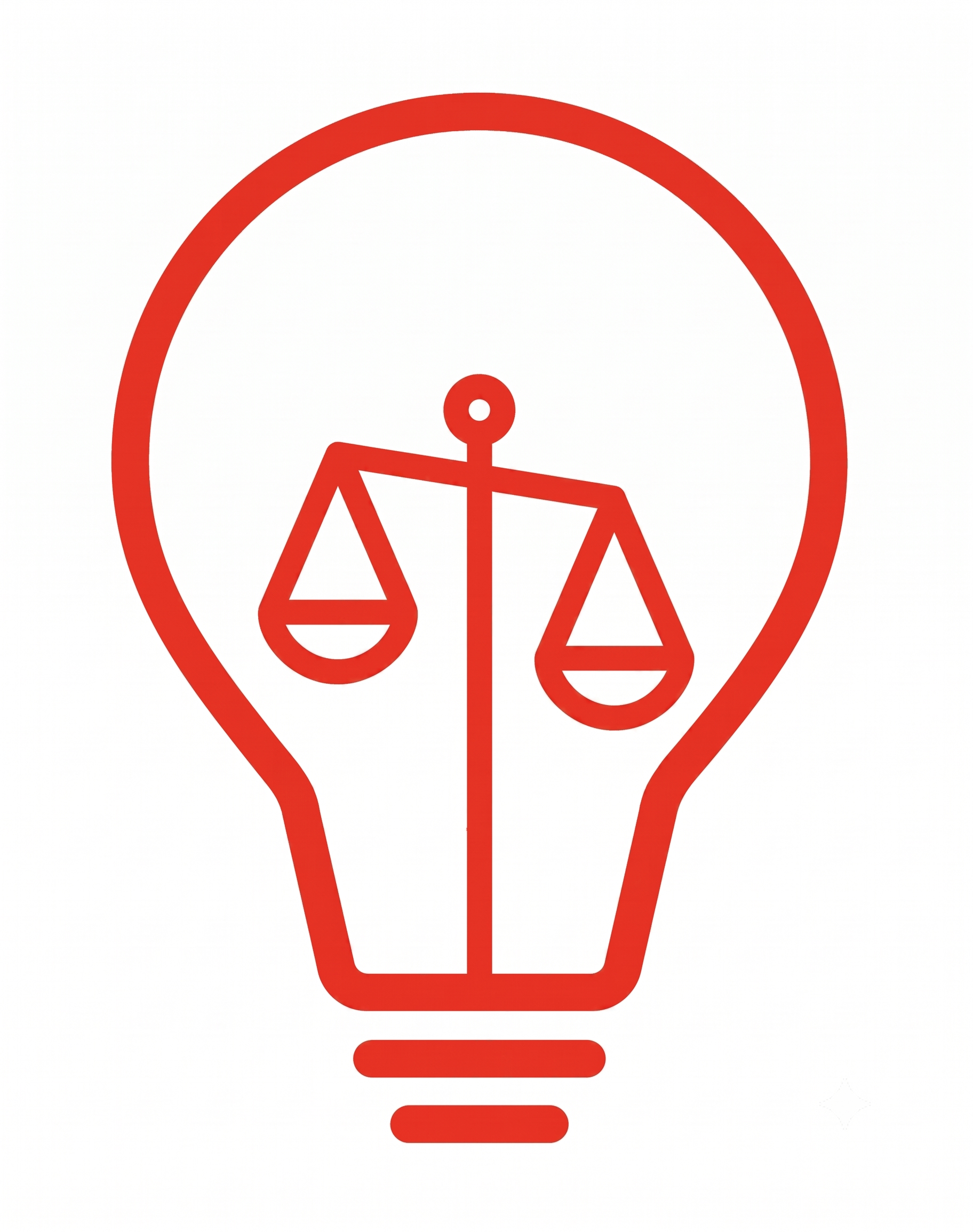 Red outline of a light bulb with a stylized scale inside it, symbolizing balance or justice.