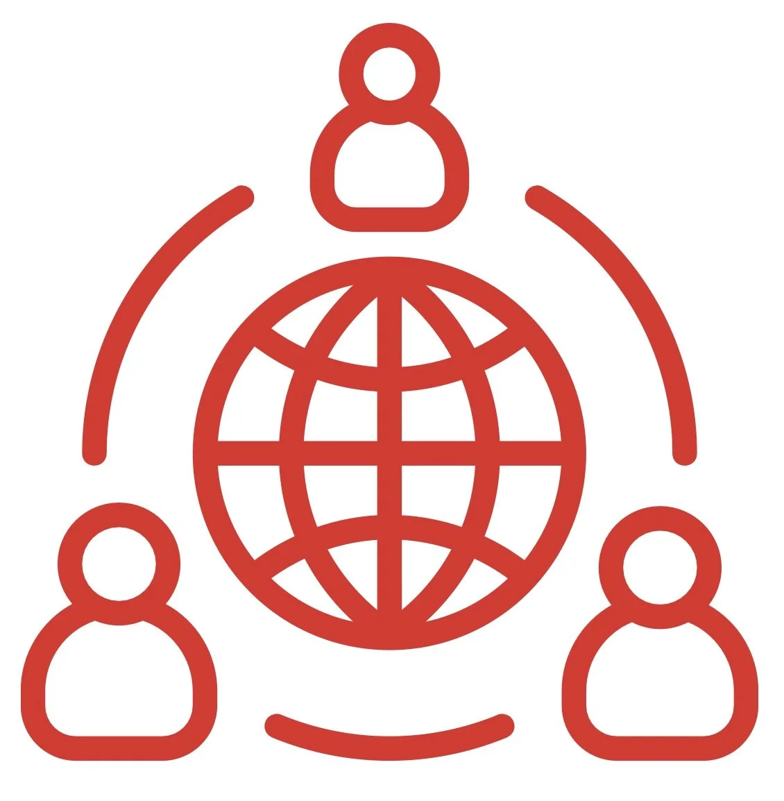 Red outline of three people around a globe, symbolizing global communication and connection.