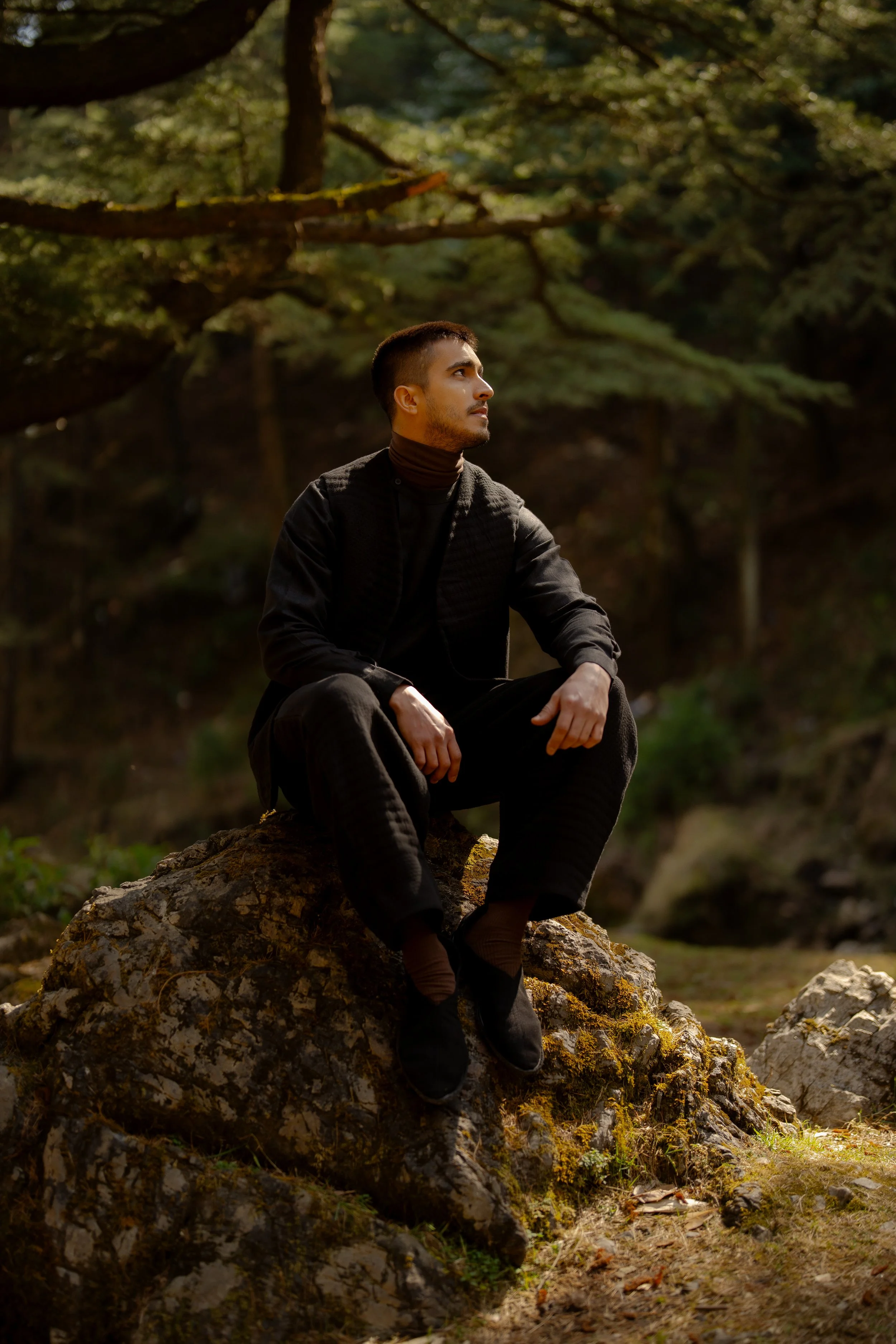 A man sitting on a moss-covered rock in a forest, gazing thoughtfully into the distance with trees in the background.