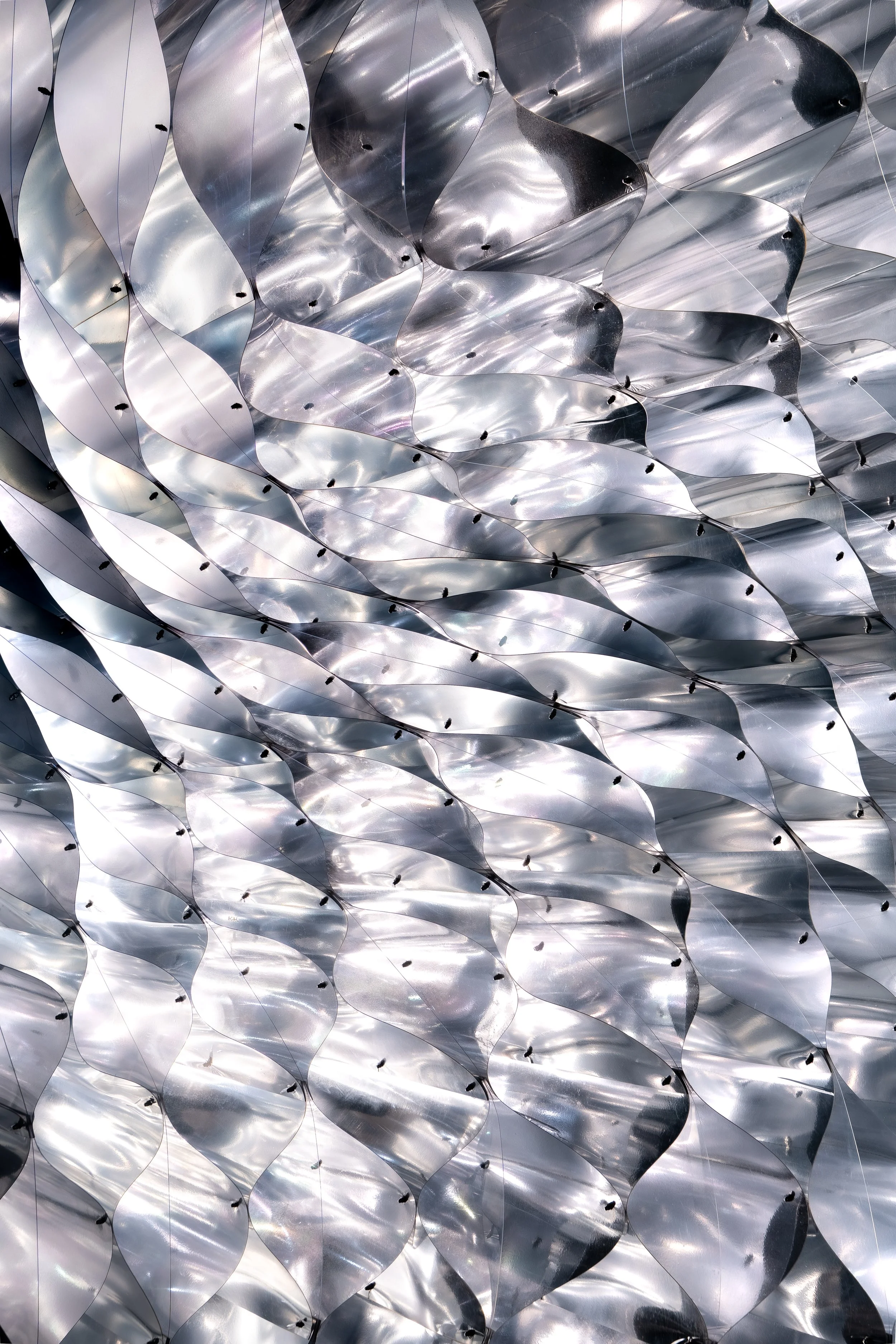 Close-up view of a modern architectural facade made of overlapping metallic, reflective panels shaped like elongated leaves or petals, creating a textured, shimmering surface.