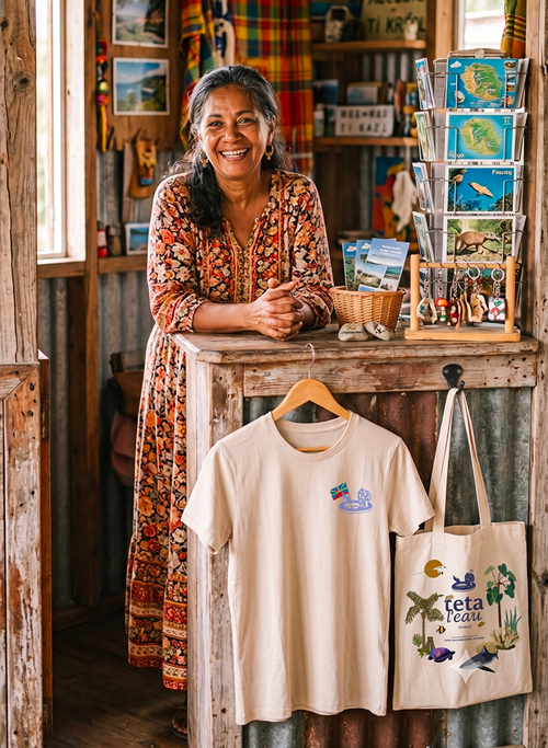 Une femme créole souriante aux cheveux poivre et sel, en robe colorée à motifs, derrière le comptoir en bois brut de l'accueil de son gîte, exposant des cartes postales, un t-shirt et un tote bag de Tetal'eau studio.