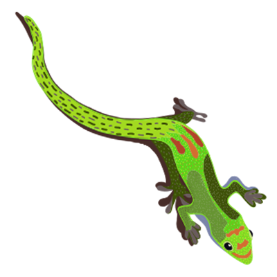 Illustration digitale colorée représentant un lézard vert à poussière d'or curieux (Gekko de Madagascar).