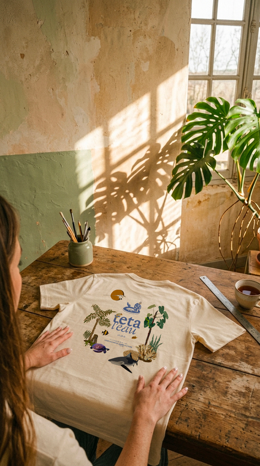 Le T-shirt illustré : Mains posées sur un t-shirt 100% coton beige crème illustré de plantes, d'animaux endémiques de la Réunion et de l'inscription "Tetal'eau studio", disposé sur une table en bois dans une pièce lumineuse avec un monstera en pot.