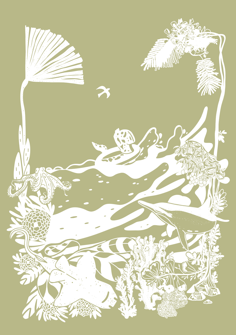 Illustration monochrome vert pâle représentant la bouée de Tetal'eau studio voguant sur un océan animé.
Des animaux marins (dauphin, requin, poulpe) intégrés dans les vagues et une végétation tropicale encadrant l'image.