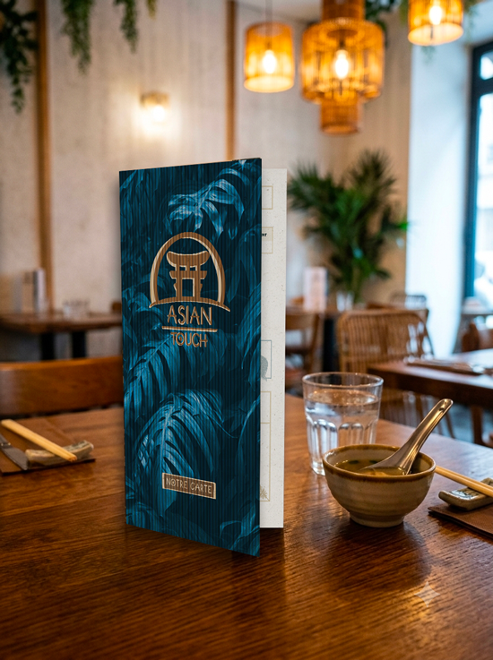 Menu du restaurant Thaïlandais et Japonais Asian Touch à Paris au design sur-mesure, posé debout sur une table dressée, un verre, un bol à soupe Miso et des couverts, dans une salle décorée de plantes vertes et de suspensions lumineuses en rotin. 