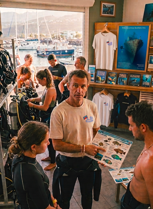Club de loisir nautique : Un instructeur de plongée présente lors d'un briefing une plaquette d'identification de la faune sous-marine. Il porte un t-shirt illustré par Tetal'eau studio, qui sont également en vente en arrière plan dans son local.