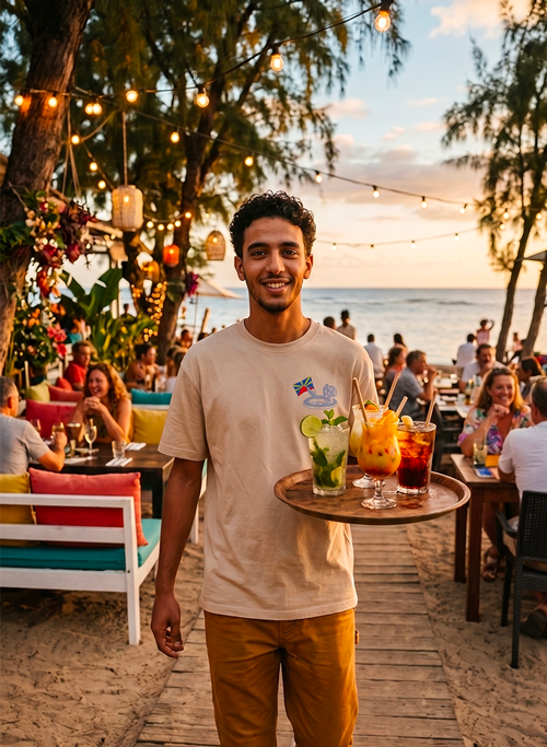 Serveur souriant tenant un plateau de cocktails colorés sur la terrasse d'un bar de plage en bord de mer au coucher du soleil, avec guirlandes lumineuses et clients en arrière-plan. Il porte un t-shirt beige crème en coton personnalisé par Tetal'eau.