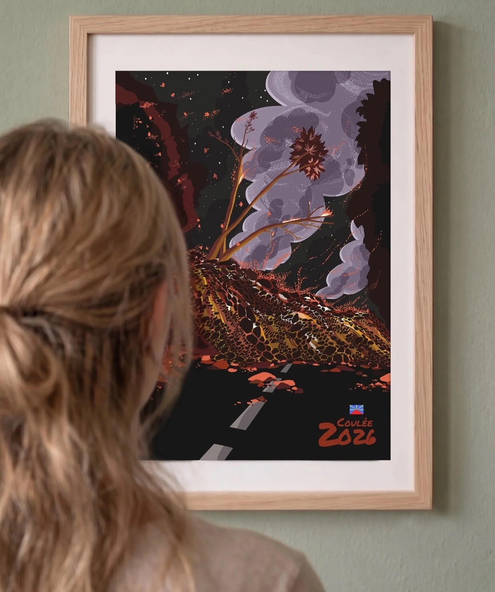 Illustration  encadrée de la coulée de lave 2026 du Piton de la Fournaise - Réunion 974