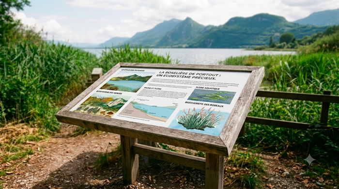Panneau d'information touristique et pédagogique installé en extérieur au bord du lac du Bourget face aux montagnes. Illustrations colorées sur les paysages et la biodiversité locale.