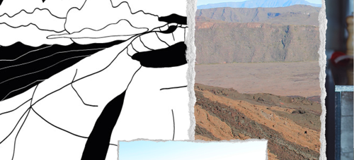 Collage montrant à gauche un dessin en noir et blanc du cratère Dolomieu du Piton de la Fournaise et à droite la photographie de l'enclos du volcan.