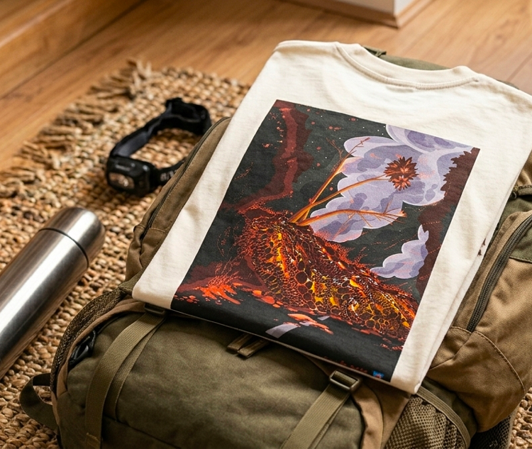 T-shirt crème beige avec impression graphique de la coulée de lave 2026 traversant la RN2 la nuit, plié sur un sac à dos de randonnée vert camouflage avec une lampe frontale et une gourde en inox posées à côté sur un tapis en jonc de mer.