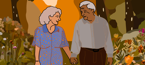 Illustrations colorée : Couple de seniors marchant main dans la main au cœur d'un jardin arboré et fleuri.