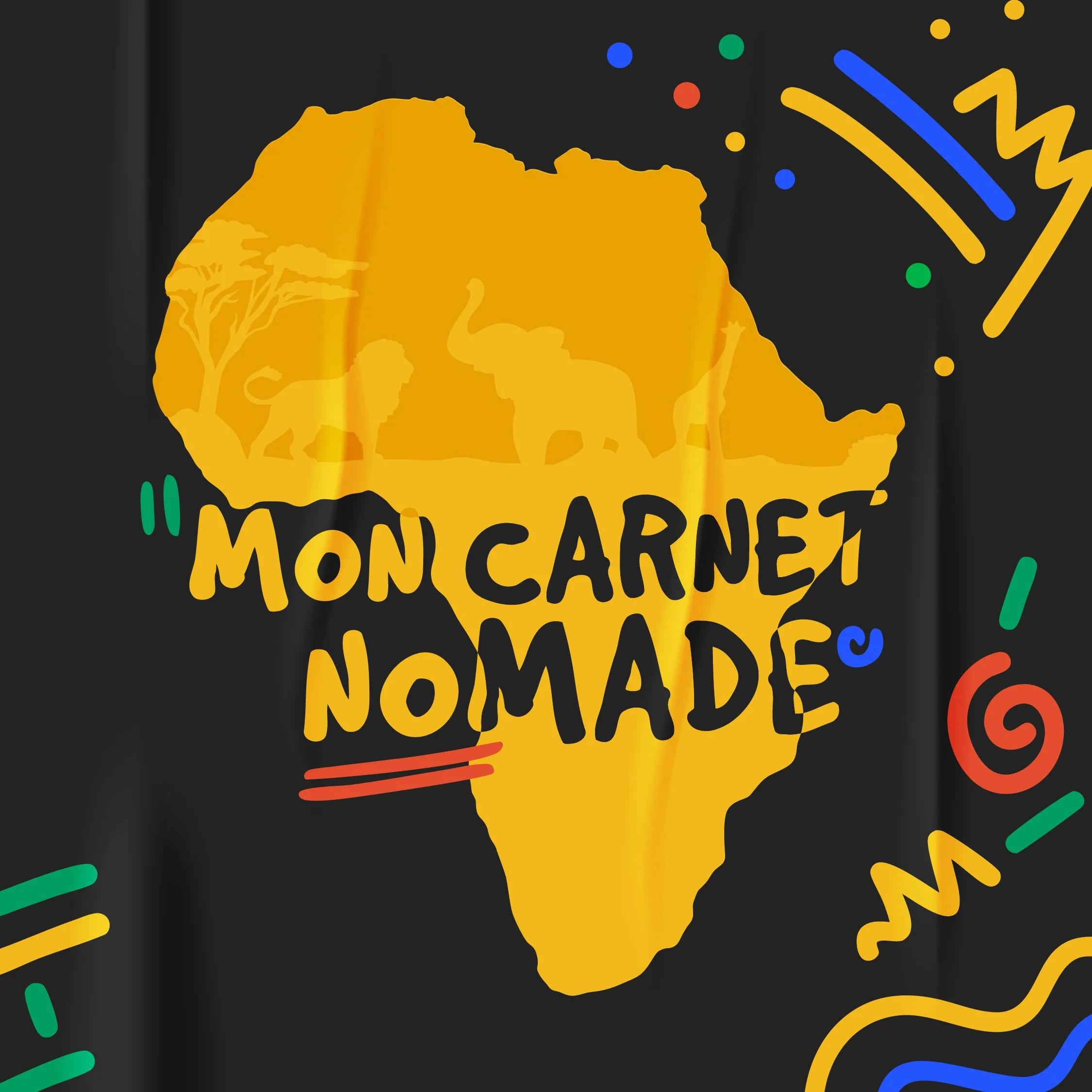 Une carte de l'Afrique stylisée en jaune avec une silhouette de lion, représentant l'Afrique. Sur fond noir, des éléments graphiques colorés (points, lignes, zigzags) en bleu, vert, rouge, jaune et orange entourent la carte. En bas, en gros caractères jaunes, le texte "Mon Carnet" est visible.