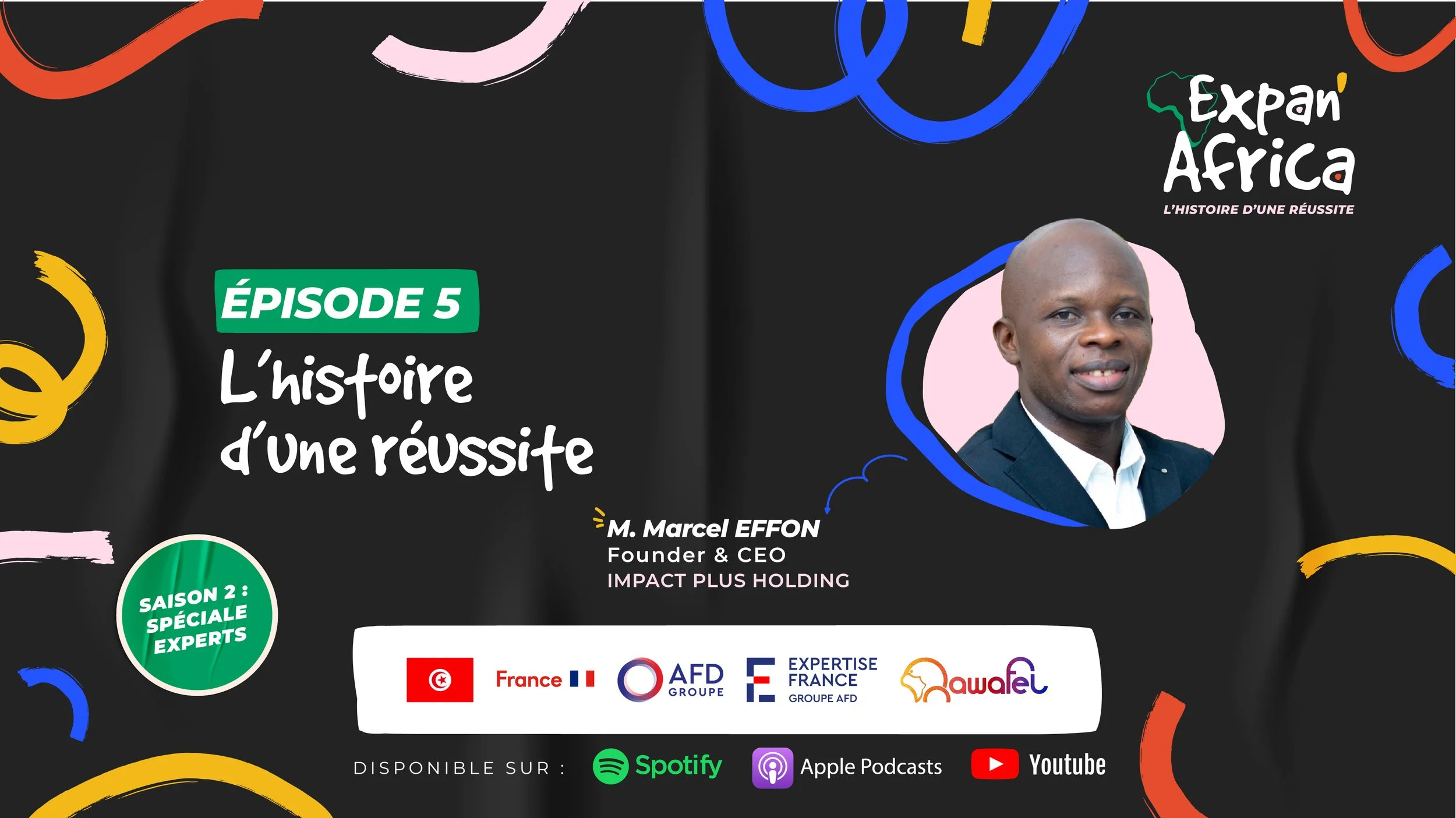 Banner promotionnel pour une série de podcasts intitulée 'L’histoire d’une réussite', épisode 5, présenté par M. Marcel Effon, fondateur et PDG d'Impact Plus Holding, avec des logos de partenaires et de plateformes de diffusion comme Spotify, Apple Podcasts et YouTube.