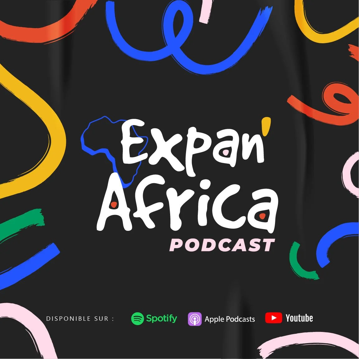Logo du podcast 'Explore Africa' avec une silhouette de la carte de l'Afrique, entouré de traits colorés, disponible sur Spotify, Apple Podcasts et YouTube.