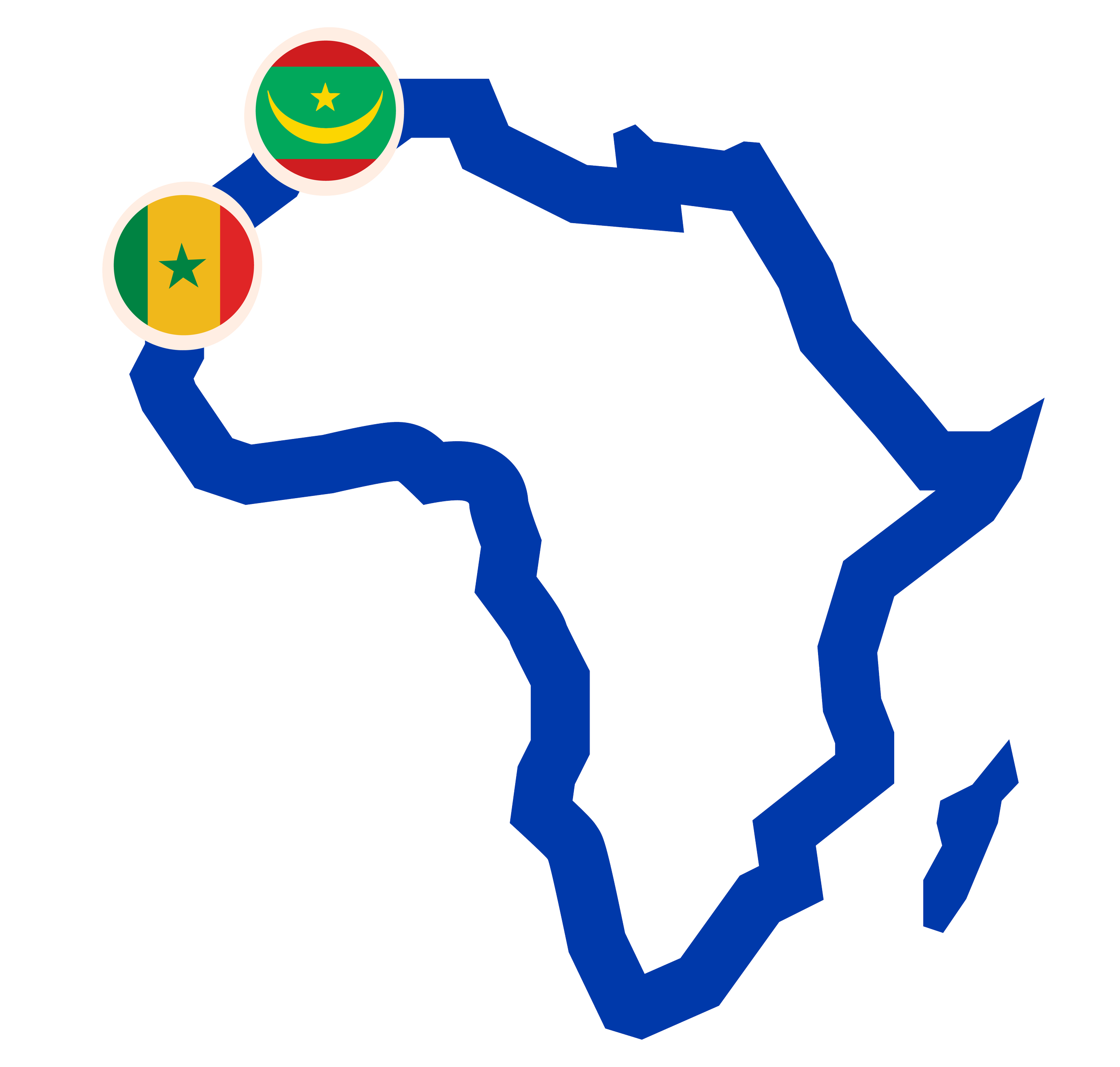 Carte de l'Afrique avec deux drapeaux superposés, le drapeau du Sénégal en bas à gauche et celui de la Mauritanie en haut à gauche, avec une flèche bleue indiquant une tendance à la baisse.