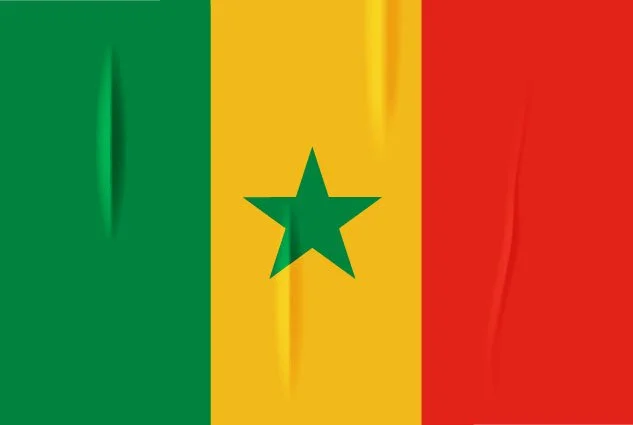Drapeau de la Sénégal avec rayures verticales vert, jaune et rouge et une étoile verte au centre.