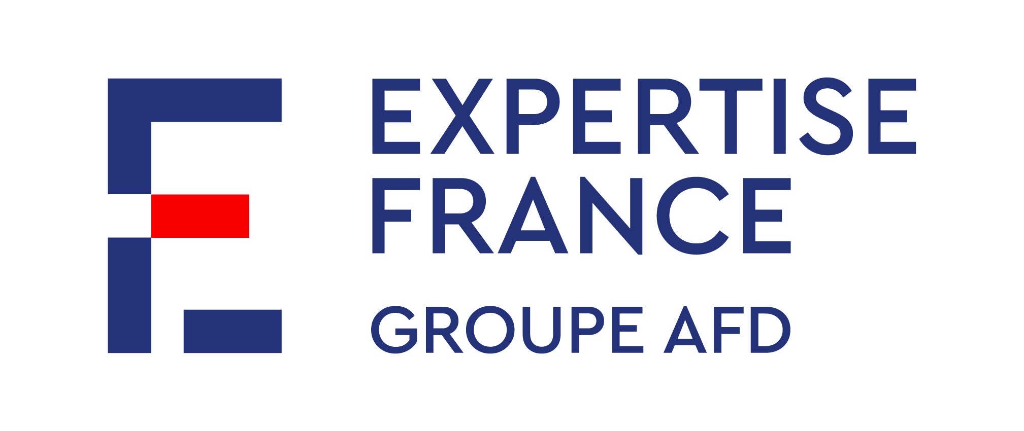 Logo du groupe AFD avec un symbole en forme de carré stylisé en bleu et rouge, accompagné du texte 'Expertise France Groupe AFD'.