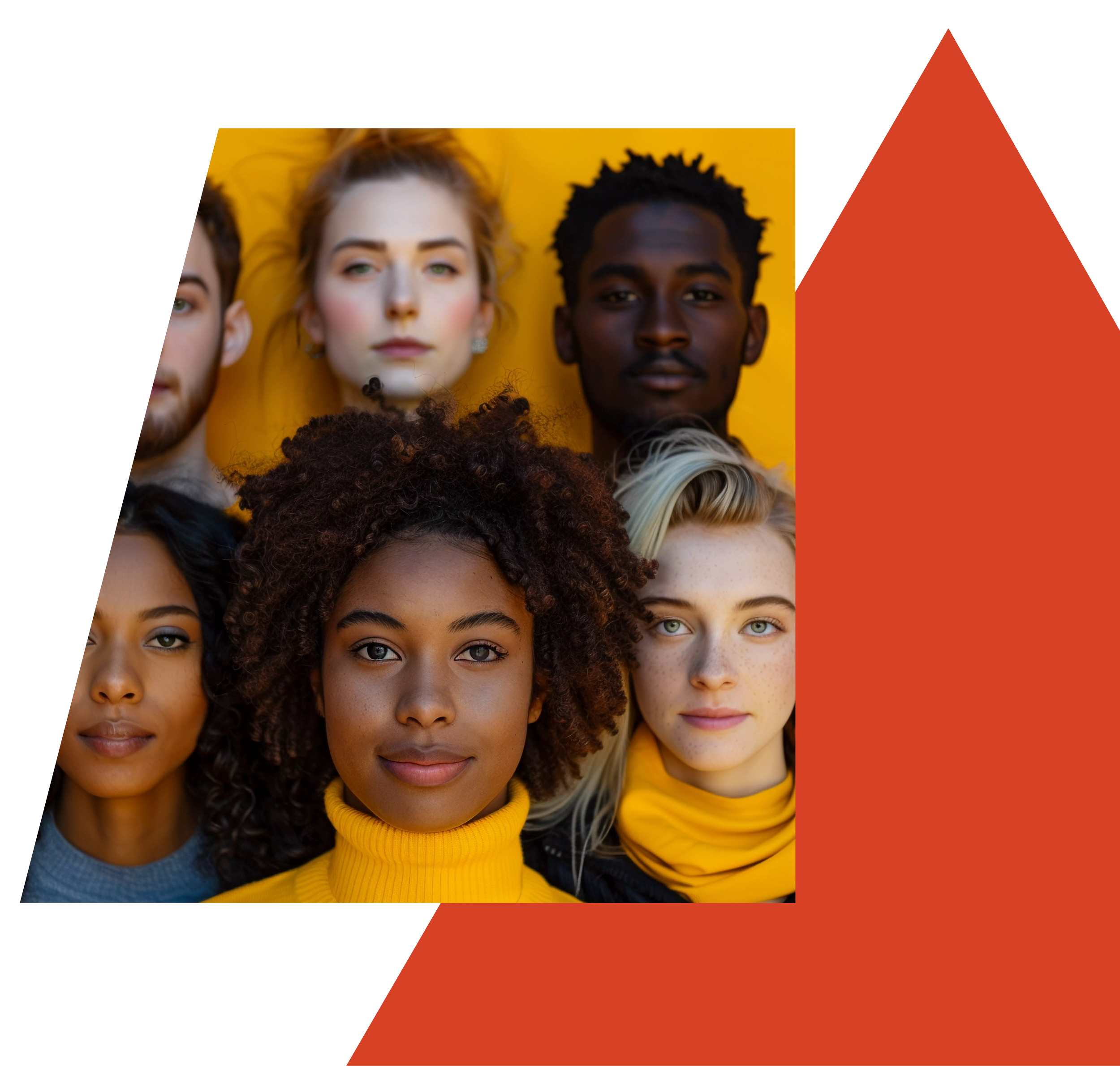Groupe de jeunes personnes de différentes origines ethniques posant ensemble, portant des vêtements de couleur jaune, bleue et noir, avec un fond jaune.