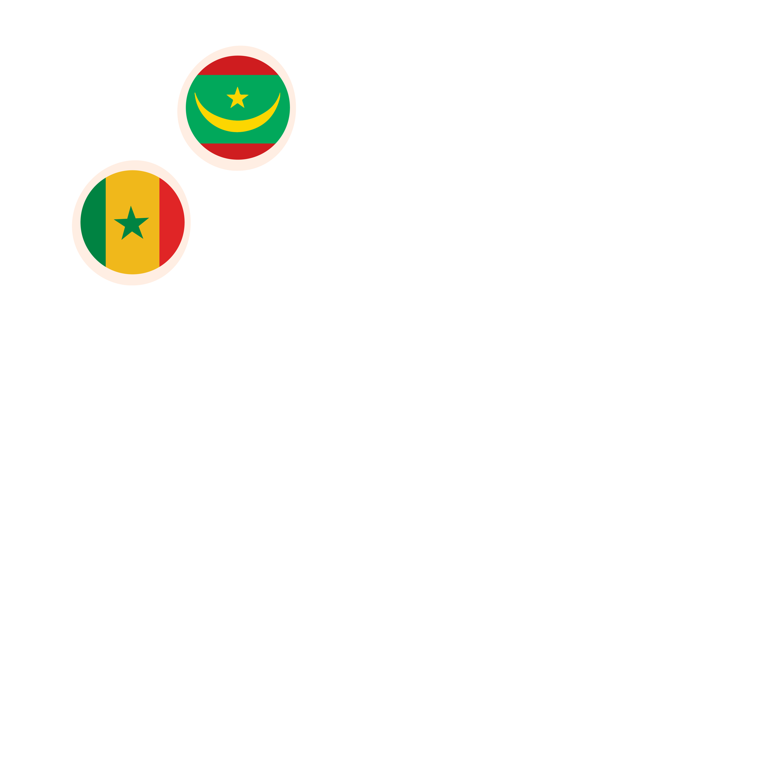 Deux cercles avec les drapeaux de la Mauritanie et du Sénégal, connectés par une flèche blanche, symbolisant une relation ou une transition entre les deux pays.