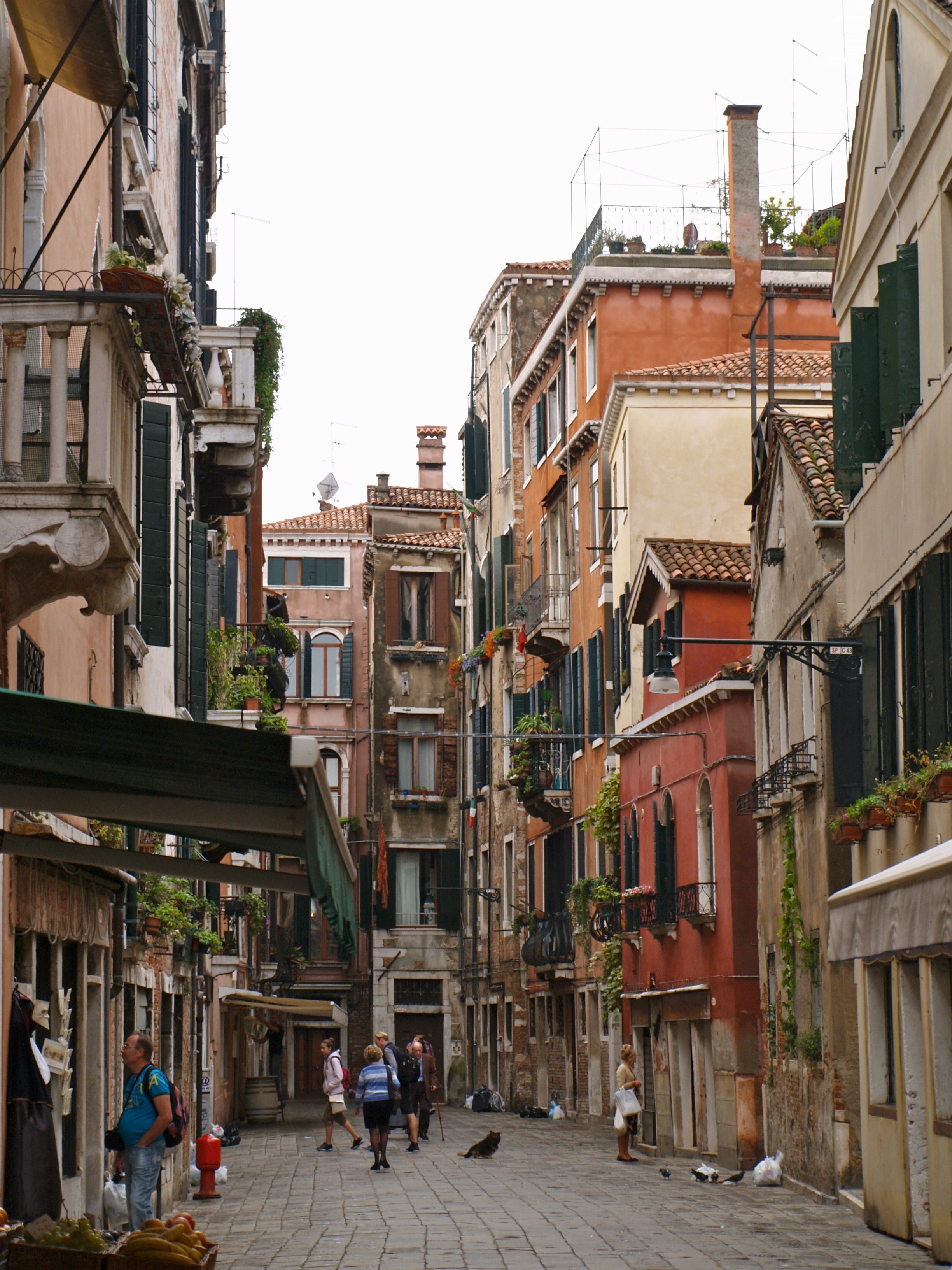 Rue piétonne étroite avec des bâtiments colorés de chaque côté, des magasins avec des étals, et des personnes marchant ou parlant au centre.