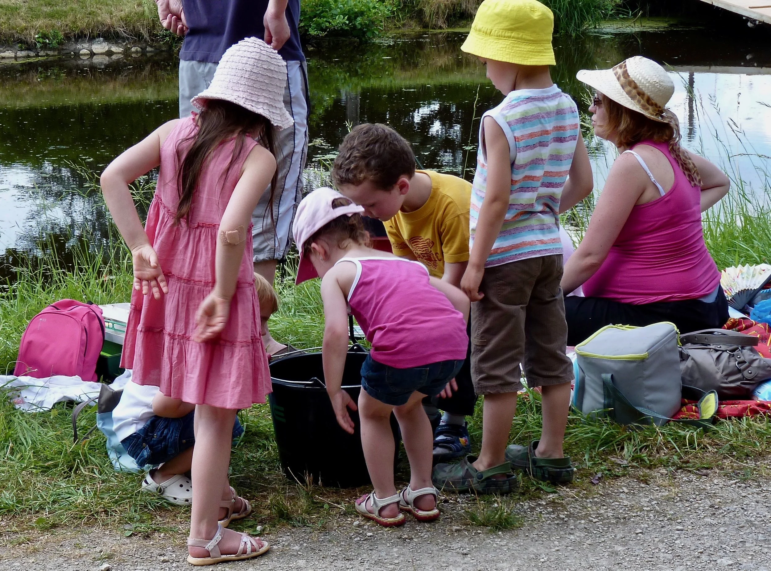Un groupe d'enfants et un adulte près d'un étang, certains regardant dans l'eau, portant des chapeaux en été, sous un arbre ou une zone boisée.