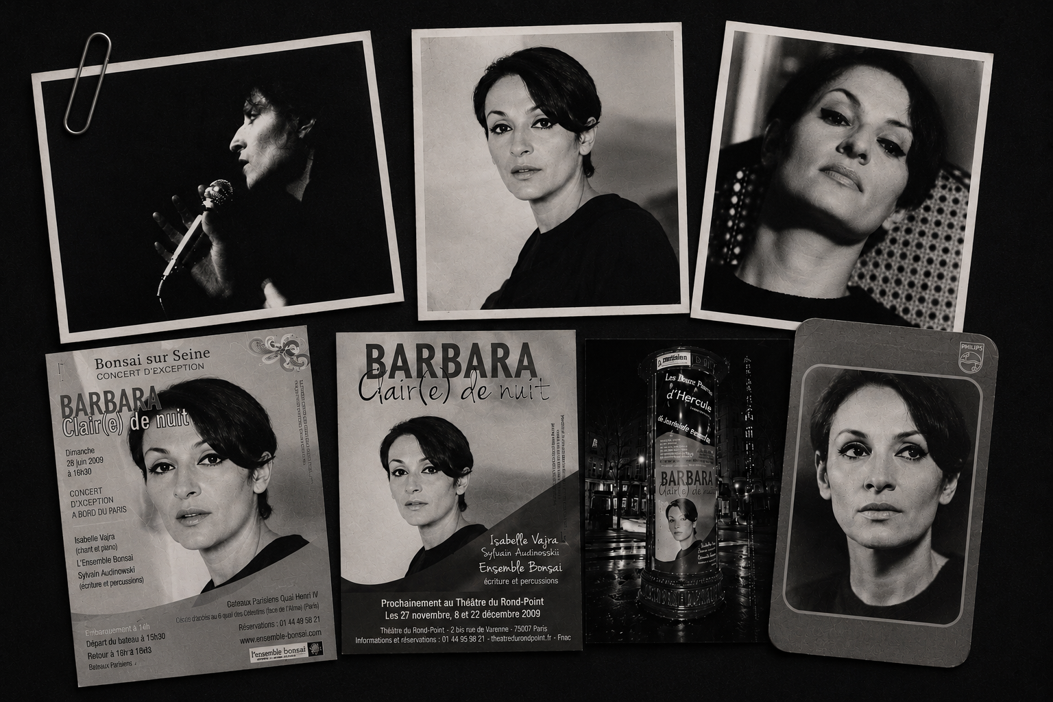 Collection de photos et de flyers noirs et blancs mettant en vedette une femme, probablement Barbara, lors de concerts et d'événements, avec des portraits et des affiches promotionnelles.
