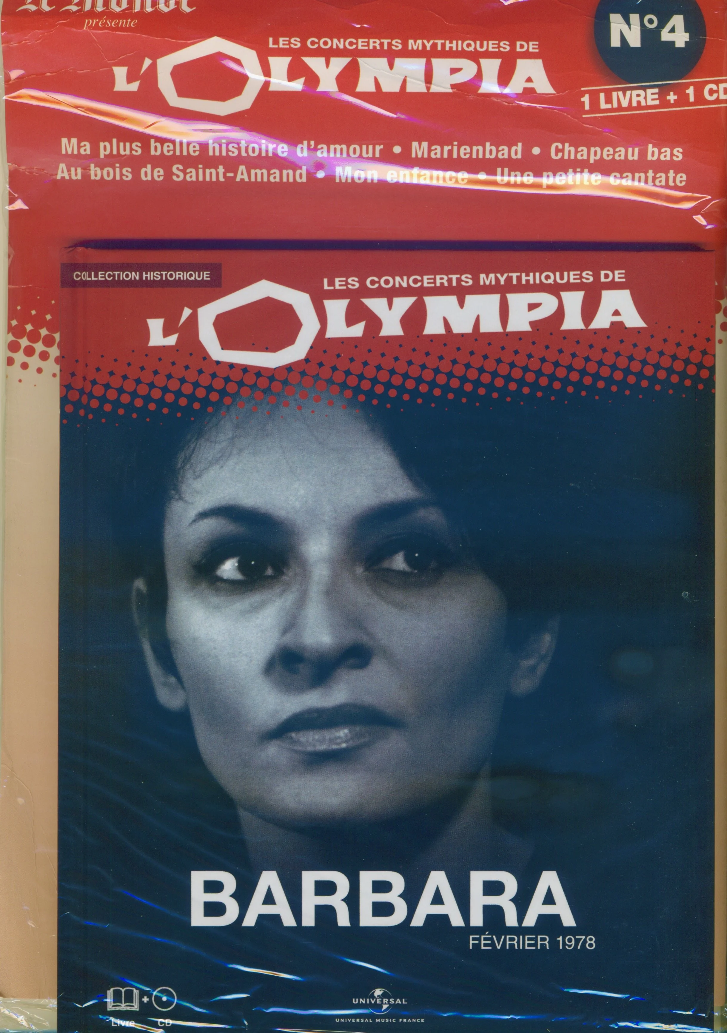 Affiche de concert montrant un portrait en noir et blanc d'une femme avec des yeux expressifs et un maquillage marqué, avec du texte indiquant un concert mythique de Barbara, février 1978, parue chez Universal Music France.