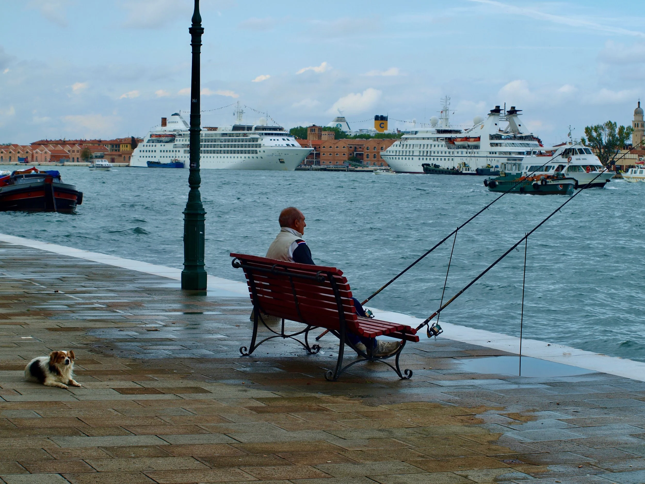 Un homme assis sur un banc en bord de mer, face à deux grands navires de croisière, avec un petit chien allongé au sol à ses pieds. Une lampadaire en premier plan et un ciel partiellement nuageux en arrière-plan.