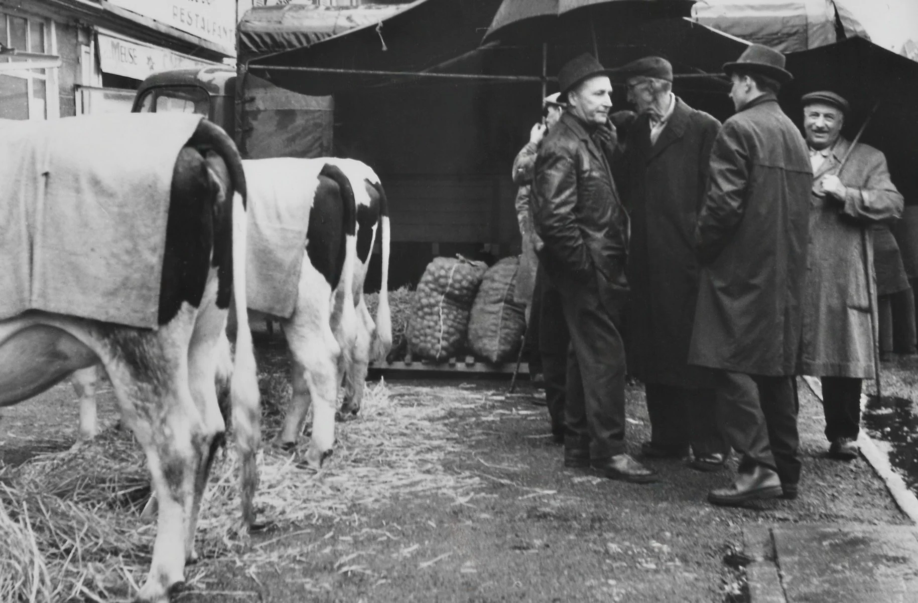 Quatre hommes en manteaux et chapeaux discutent dans une rue marchande avec des sacs ou caisses d'objets. Un cheval avec une couverture blanche et un motif noir est visible à gauche, attaché à une carriole ou chariot. Des parapluies ou auvents couvre