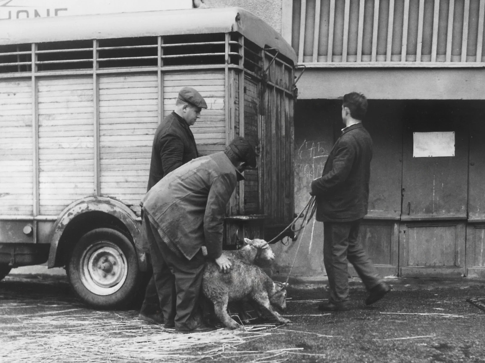 Trois hommes avec un chien près d'un camion en bois dans une rue.