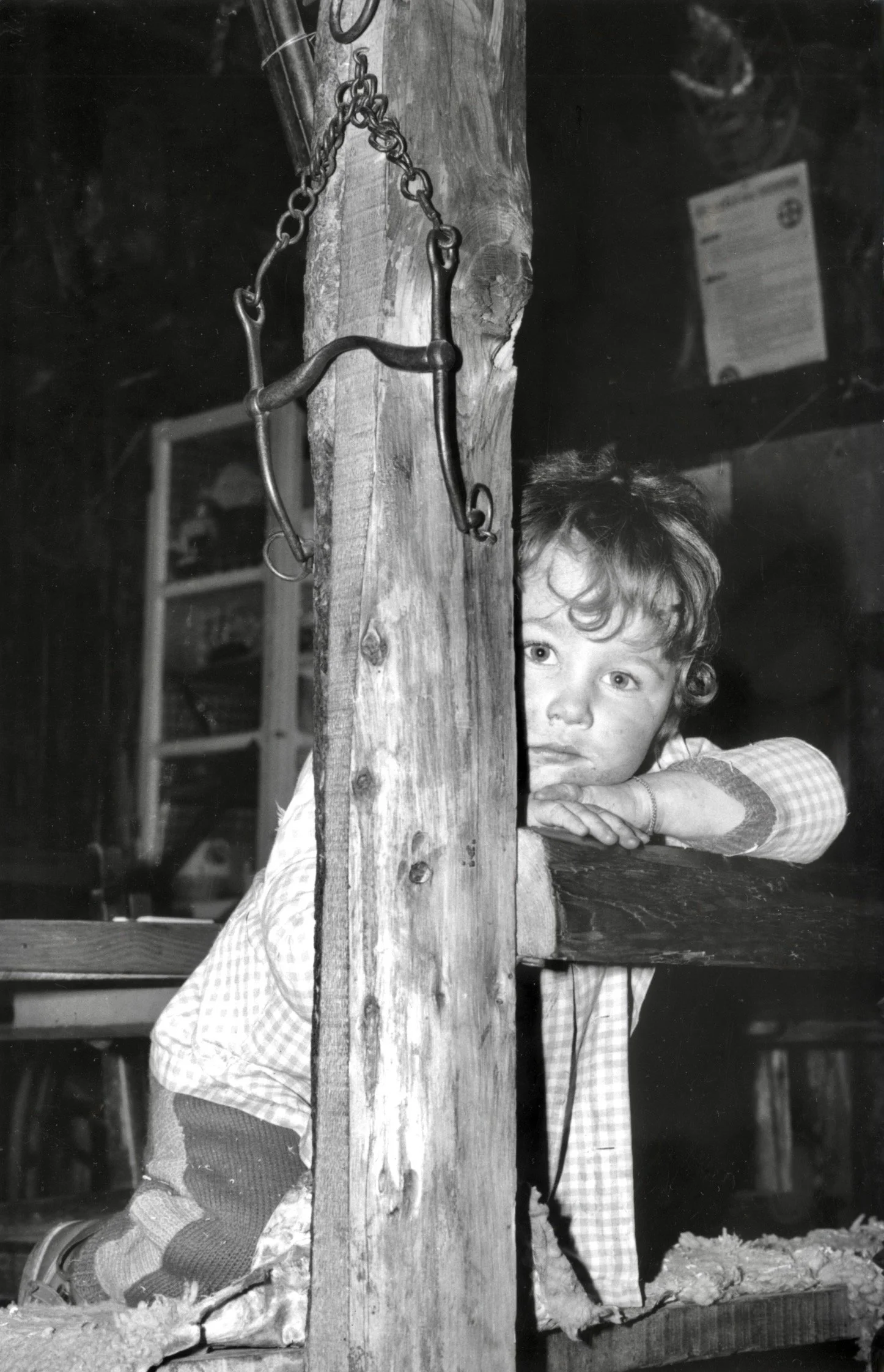 Un garçon avec des cheveux bouclés, appuyé sur une table, regarde derrière un poteau en bois.