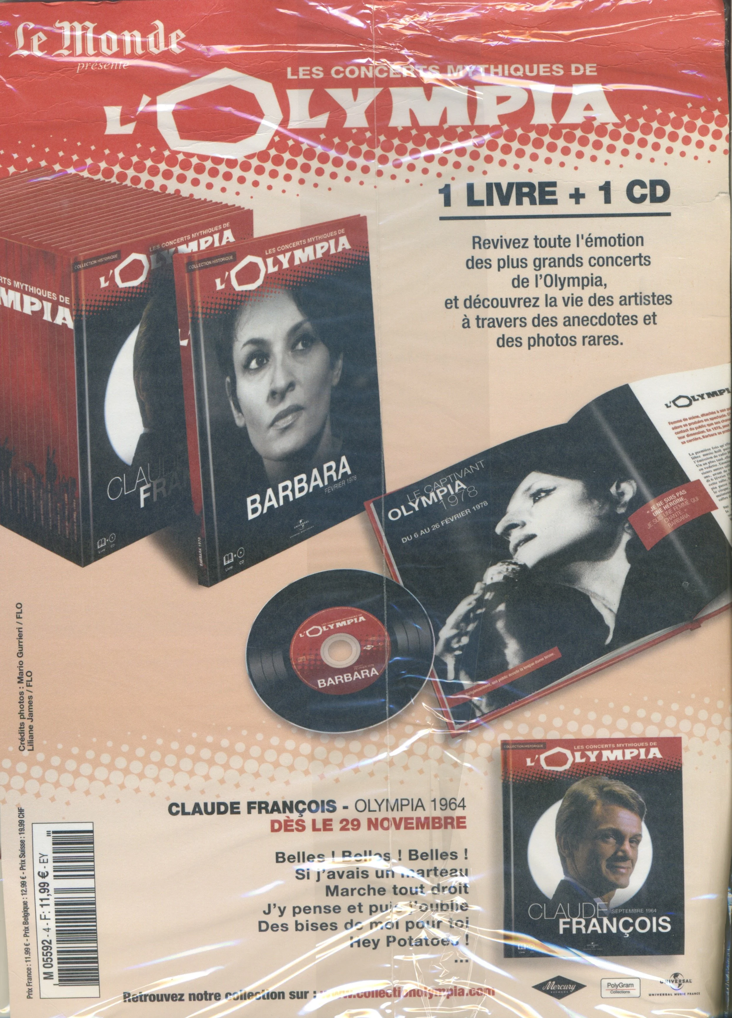 Affiche promotionnelle pour un coffret comprenant un livre et un CD avec des images de chanteurs et des textes en français, concernant les concerts mythiques de l'Olympia en 1964, 1978 et 1984 avec Claude François.
