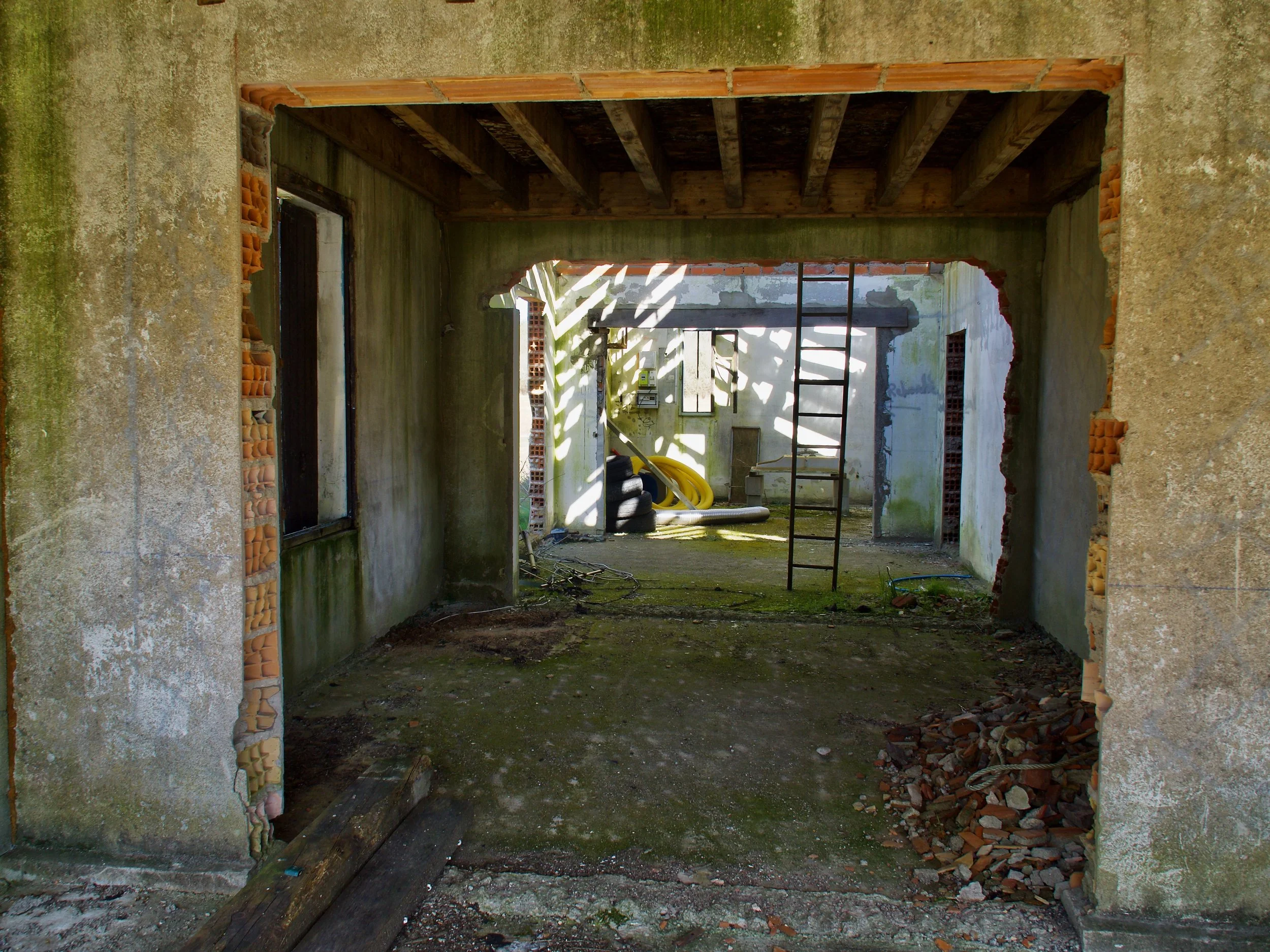 Construction d'une maison avec murs en béton et poutres en bois, accès à l'intérieur en passant par une ouverture sans porte, chantier en cours.