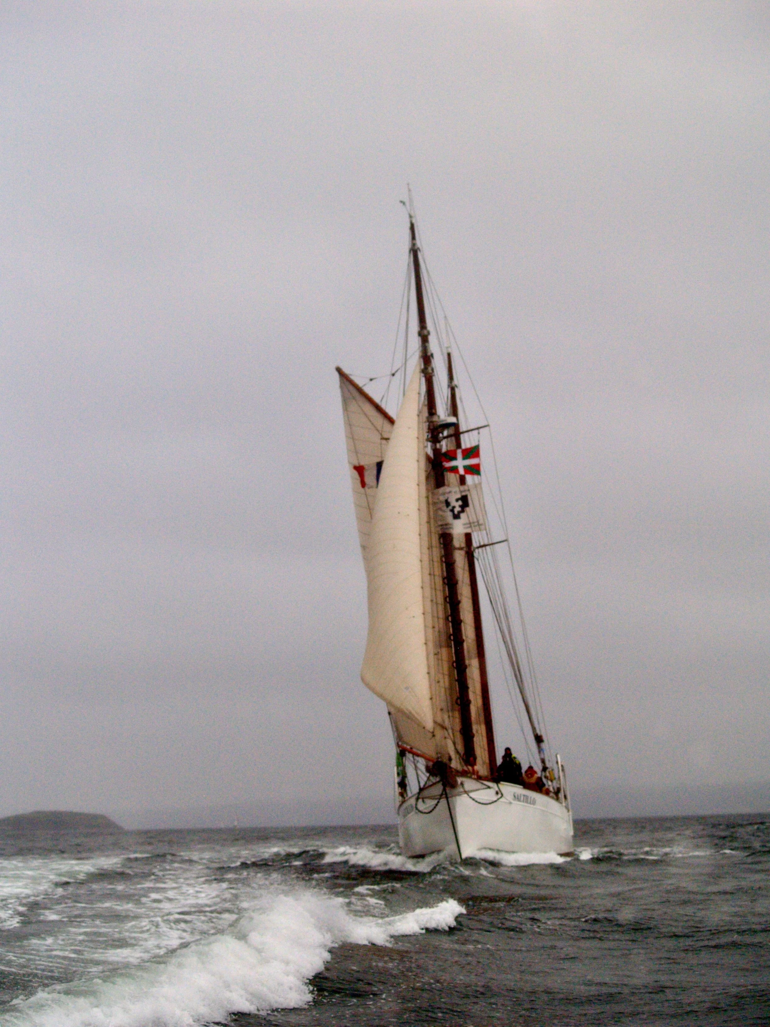Un voilier naviguant sur la mer lors d'une journée nuageuse, avec des vagues et une ligne d'horizon en arrière-plan.