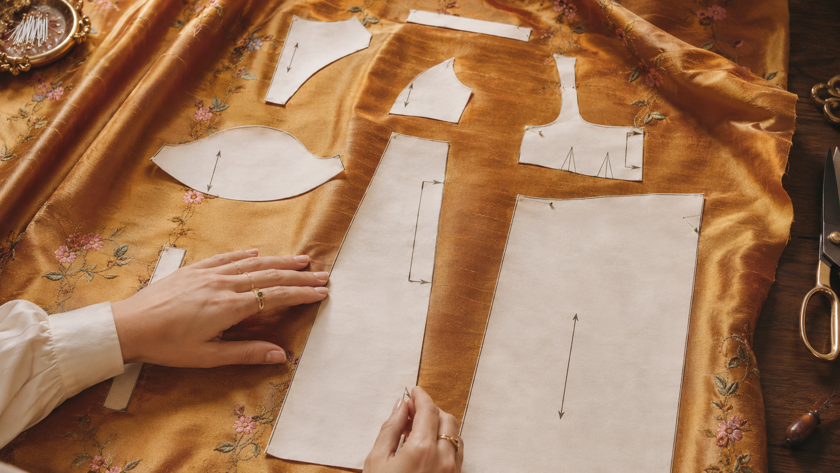 Une personne travaillant sur un patron de couture en utilisant du papier transparent avec des marques de couture, posé sur une toile de fond en tissu doré avec des fleurs, avec des ciseaux près du haut de l'image.