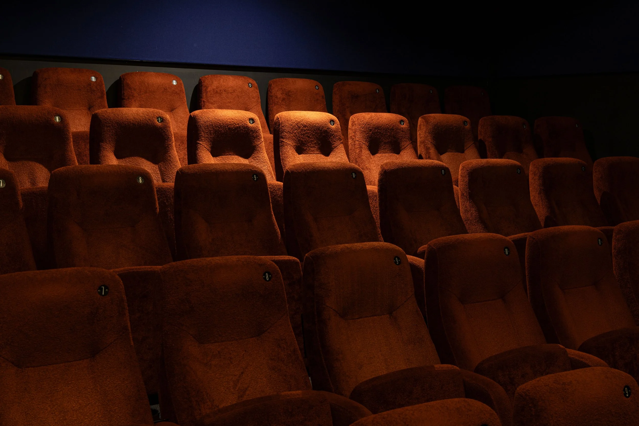 Row of empty red theater seats with black numbered labels, dimly lit, with a dark wall and blue ceiling in the background.
