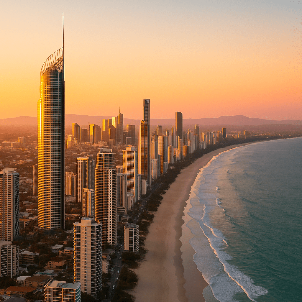 Aerial view of a skyline along the beach at sunset, featuring tall skyscrapers including one with a curved top, overlooking the ocean with gentle waves.