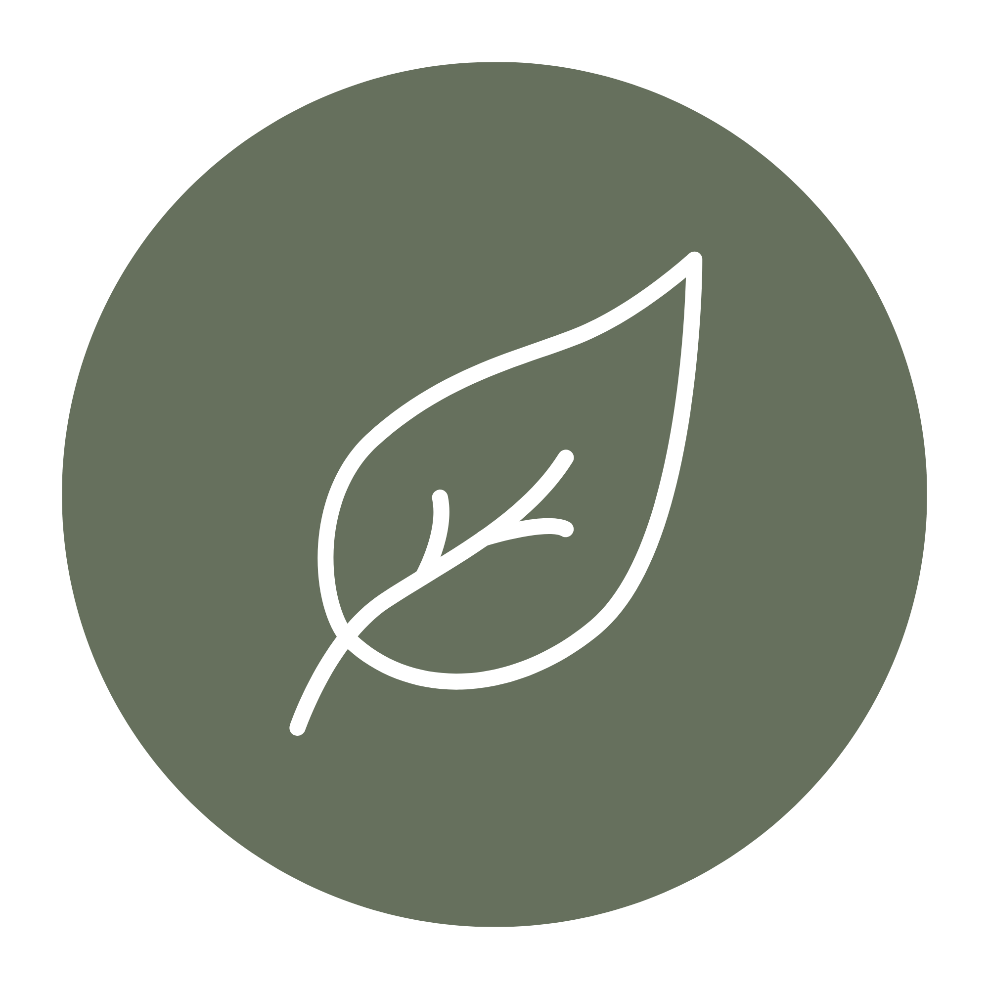 Circular logo with a dark green background and a white line drawing of a leaf in the center.