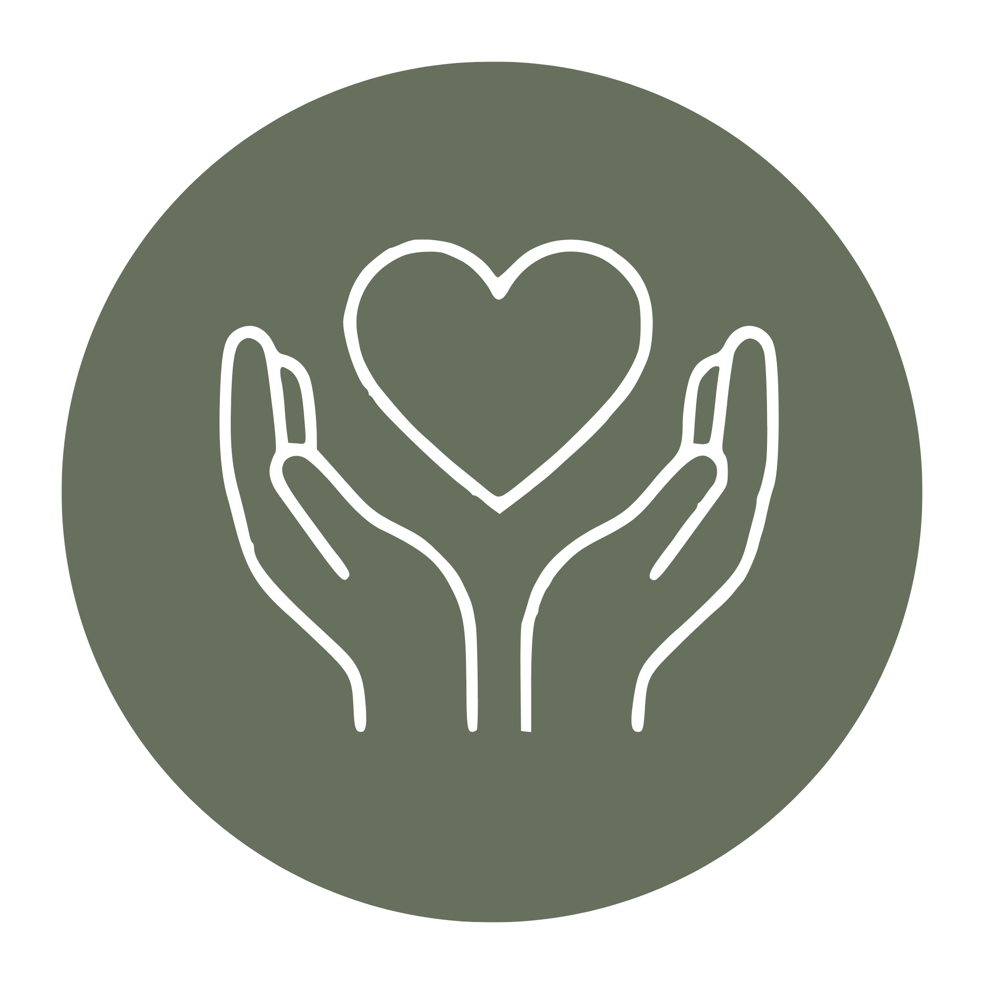 Illustration of hands forming a heart shape over a brain in a circular design with a green background.