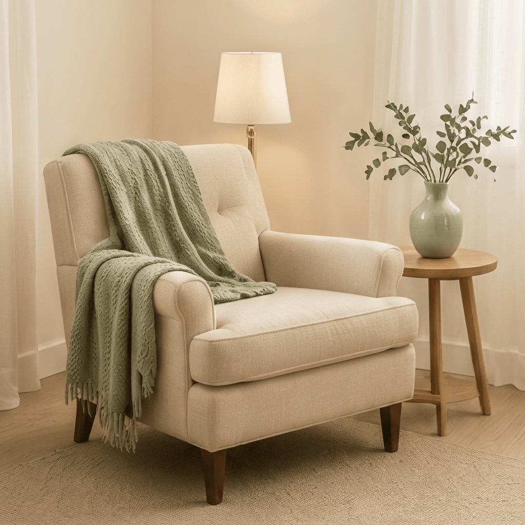 A cozy beige armchair with a green knitted throw blanket draped over the backrest, beside a small wooden side table with a green vase holding a leafy branch, a table lamp with a white shade, and white curtains in the background.