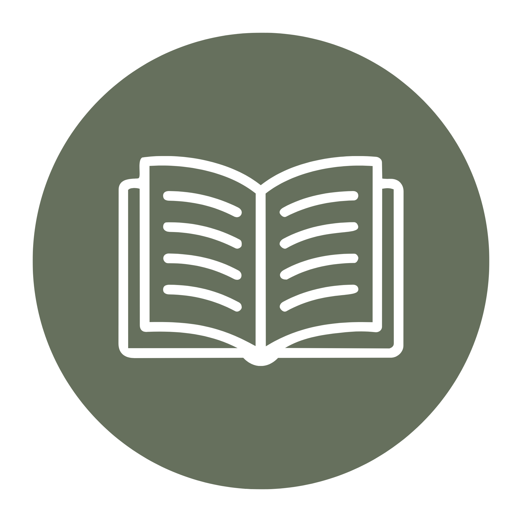 An open book with pages visible on a dark green circular background.