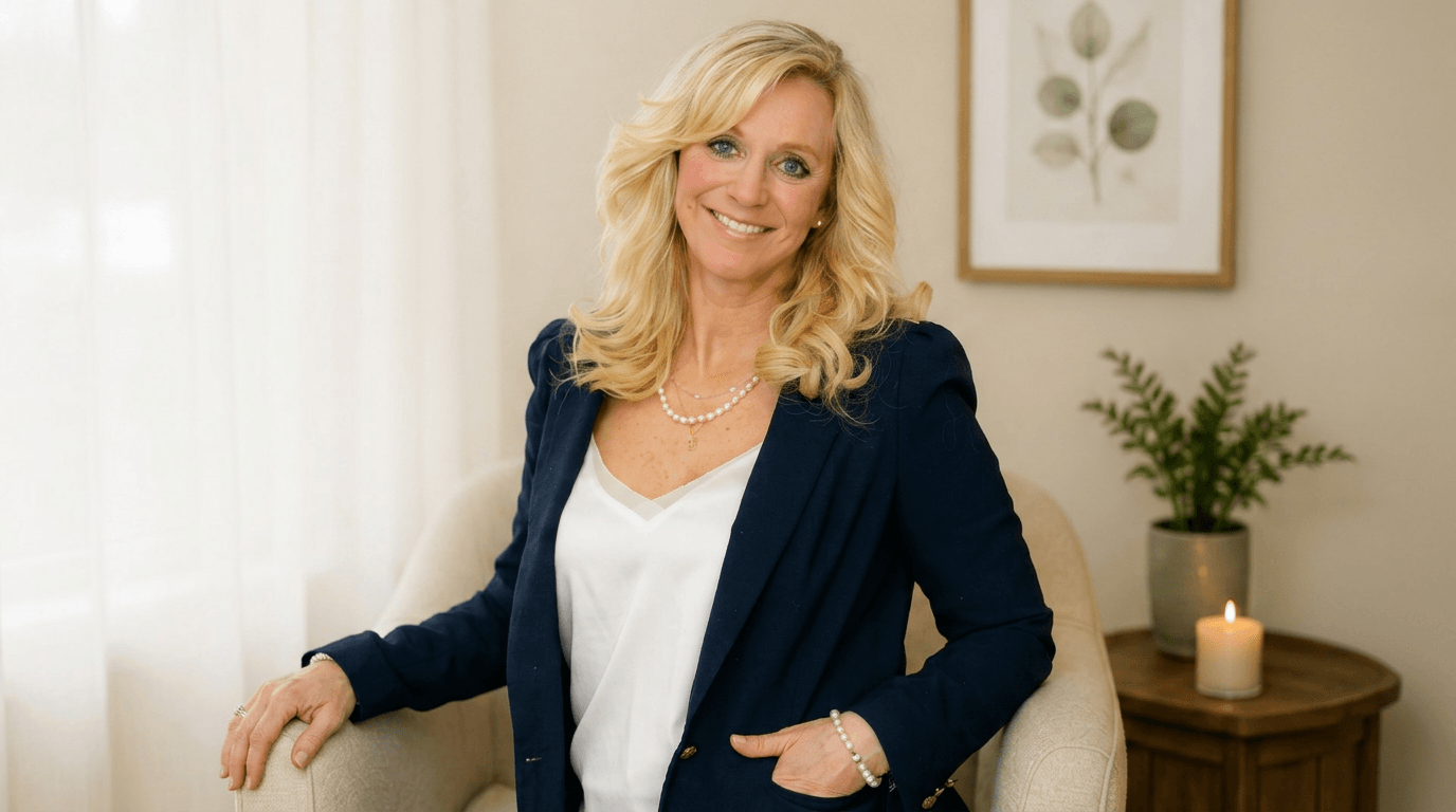 A woman with blonde hair in a layered style, wearing a navy blazer over a white blouse, standing and smiling in a cozy, well-decorated room with a framed botanical print, a potted plant, and a lit candle on a round wooden table in the background.