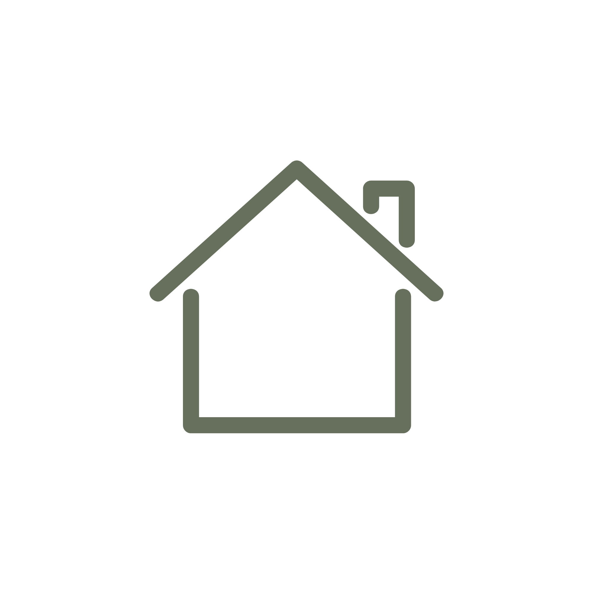 Line drawing of a house with a triangular roof and a chimney, view from the front.