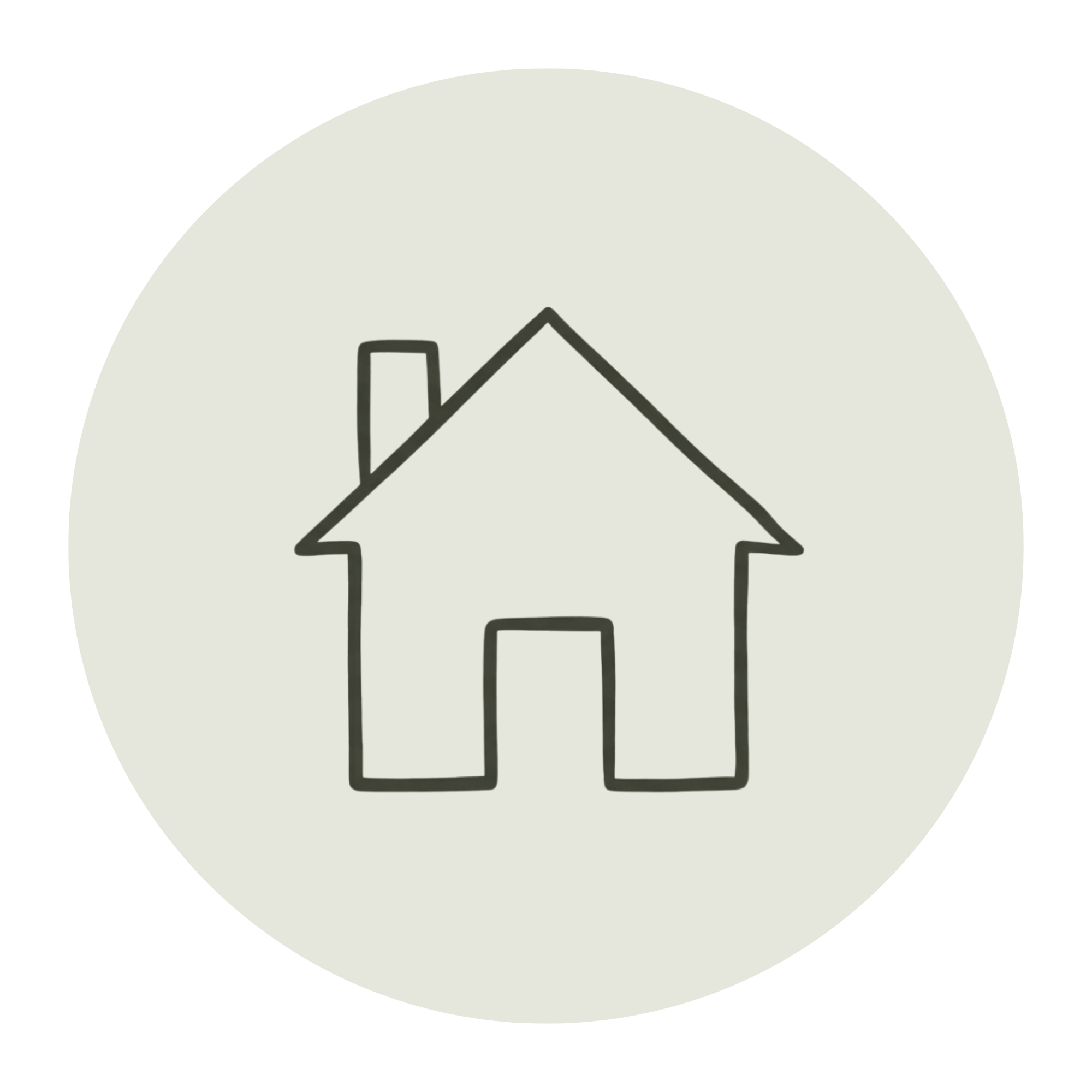 A simple black line drawing of a house with a pitched roof, two windows, a door, and a chimney.