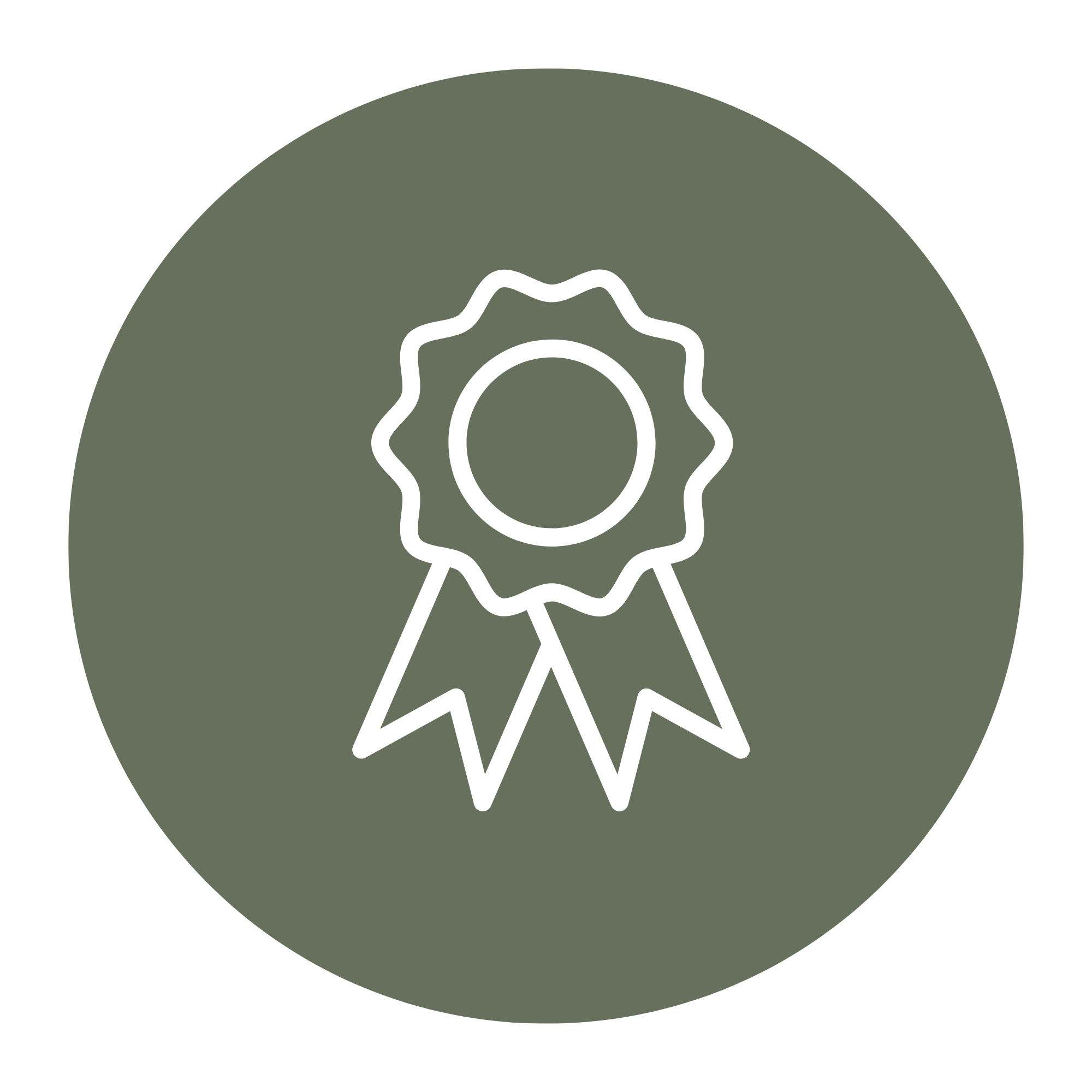 An abstract icon of a gear and a ribbon, with a circular green background.